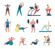 pessoas exercício dentro academia, atletas Treinamento com Esportes equipamento. personagens alongamento, elevação halteres, ginástica exercite-se vetor conjunto