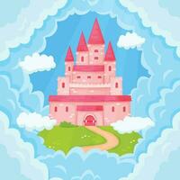 desenho animado conto de fadas Princesa Rosa castelo torres dentro nuvens. Magia reino Palácio vôo dentro céu, fofa medieval fantasia mansão vetor ilustração