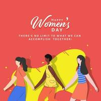 feliz mulheres dia conceito com desenho animado jovem meninas segurando mãos cada de outros em amarelo e vermelho fundo. vetor