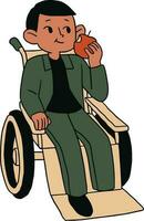 Desativado homem dentro cadeira de rodas comendo maçã . vetor ilustração.