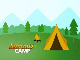 verão acampamento poster Projeto com barraca ilustração, fogueira em natureza panorama fundo. vetor