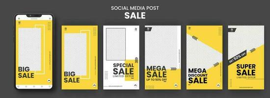 coleção do social meios de comunicação postar venda modelo disposição com Smartphone ilustração dentro amarelo e branco cor. vetor