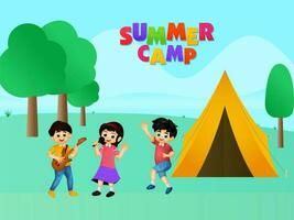 colorida verão acampamento texto com desenho animado crianças desfrutando e barraca ilustração em verde natureza fundo. vetor