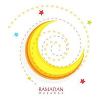 amarelo crescente lua em colorida estrelas decorado em tracejadas espiral fundo para Ramadã Mubarak conceito. vetor