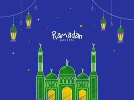 Ramadã kareem celebração conceito com rabisco estilo mesquita, suspensão estrelas e lanternas decorado em azul fundo. vetor