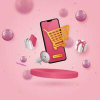 conectados compras a partir de Smartphone com 3d Alto-falante, levar bolsas, presente caixa e bolas ou esfera em Rosa fundo. vetor