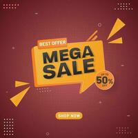 mega venda poster Projeto com desconto oferta e 3d amarelo triângulo elementos em vermelho fundo. vetor