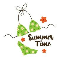 vetor verão ilustração com floral roupa de banho, flores e verão Tempo texto. mulheres verde roupa de banho com branco flores e verão rotulação. de praia feriado.