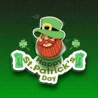 adesivo estilo feliz st. patrick's dia texto com Cerveja canecas, trevo folhas e duende homem face em verde pontilhado fundo. vetor