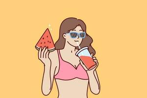 mulher dentro bikini bebidas fruta batido e come Melancia relaxante em de praia ou piscina Festa. mulher dentro bikini e oculos de sol apreciar período de férias em tropical ilha viajando em verão período de férias vetor