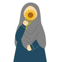 fofa muçulmano menina vestindo hijab segurando girassol vetor