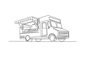 solteiro 1 linha desenhando Comida caminhões. restaurante em rodas. vans para rua Comida vendendo. carro conceito. contínuo linha desenhar Projeto gráfico vetor ilustração.
