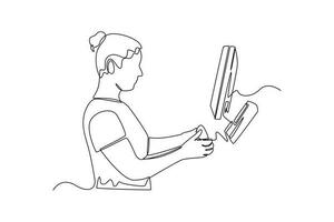 contínuo 1 linha desenhando varejo mulher caixa com código de barras scanner. o negócio atividade conceito dentro mercado. solteiro linha desenhar Projeto vetor gráfico ilustração.