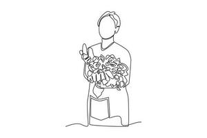 contínuo 1 linha desenhando feliz mulher traz uma muitos do vegetal dentro cesta. o negócio atividade conceito dentro mercado. solteiro linha desenhar Projeto vetor gráfico ilustração.