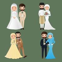 conjunto de personagens muçulmanos fofos, noiva e noivo. Convites de casamento, ilustração vetorial de cartão. Desenho de casal apaixonado vetor