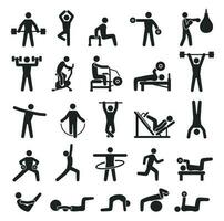 esporte Treinamento exercite-se ícone, ginástica exercício pictogramas. pessoas elevação halteres, fazendo ioga, boxe. Esportes lazer atividade vetor conjunto