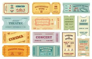 retro bilhetes para cinema, vintage filme, show ou teatro bilhete. velho papel admissão cupom, convite cartão para evento, viagem passar vetor conjunto