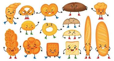 fofa desenho animado pão personagens com feliz rostos. engraçado croissant, muffin, baguete, pretzel e brinde. padaria mascote personagem vetor conjunto