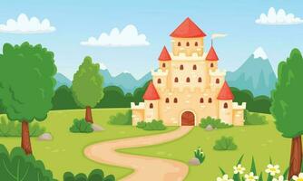 desenho animado medieval castelo, conto de fadas panorama com Princesa Palácio. Magia reino fortaleza dentro floresta, crianças fada conto vetor ilustração