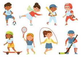 desenho animado feliz escola crianças jogando Esportes e exercício. esporte Atividades para crianças beisebol, saltando corda, tênis, skate, vetor conjunto