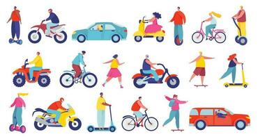 pessoas em diferente cidade transporte, personagens equitação pessoal veículos. homens e mulheres em bicicleta, moto, lambreta, skate vetor conjunto