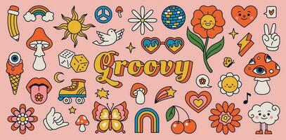 retro Anos 70 hippie adesivos, psicodélico groovy elementos. desenho animado funky cogumelos, flores, arco-íris, vintage hippie estilo elemento vetor conjunto