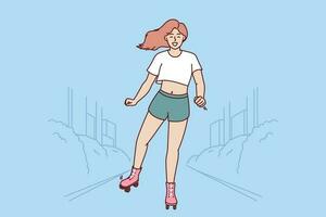 mulher usa rolo patins para passeio por aí cidade e respirar fresco ar em quente verão dia. jovem menina goza andar e movimentos através ruas em rolo patins para dar acima Gasolina transporte. vetor