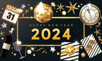 2024 Novo ano festivo fundo, dourado quadros, elegante Novo ano, relógio, flocos de neve, presente caixas com uma arco, decorações, champanhe garrafa vetor
