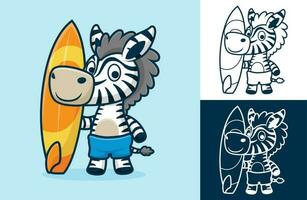 engraçado zebra com prancha de surfe. vetor desenho animado ilustração dentro plano ícone estilo