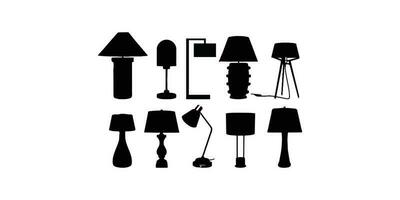 dez mesa luz silhueta, lâmpadas plano estilo vetor ilustração. Preto luz, luminária silhueta definir, lâmpadas definir.