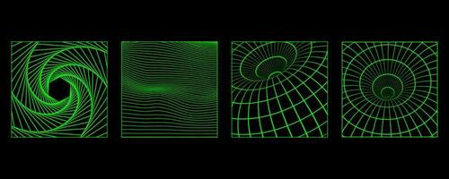 3d estrutura de arame cartazes com geométrico formas e grades dentro na moda retro cyberpunk anos 80 anos 90 estilo. ano 2000 estético vetor