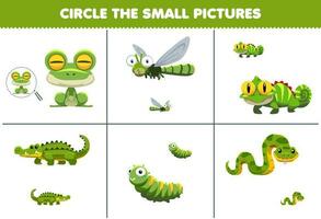 Educação jogos para crianças círculo a pequeno cenário do fofa desenho animado rã libélula iguana crocodilo lagarta serpente imprimível animal planilha vetor