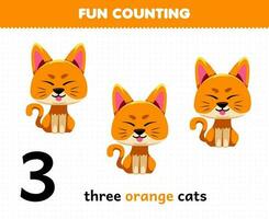 Educação jogos para crianças Diversão contando fofa desenho animado três laranja gatos imprimível animal planilha vetor