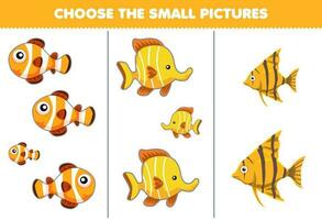 Educação jogos para crianças escolher a pequeno cenário do fofa desenho animado amarelo peixe imprimível animal planilha vetor