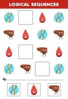 Educação jogos para crianças lógico sequências para crianças com fofa desenho animado dna sangue fígado imprimível anatomia planilha vetor
