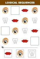 Educação jogos para crianças lógico sequências para crianças com fofa desenho animado lábio olho dente imprimível anatomia planilha vetor