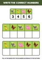 Educação jogos para crianças escrever a certo números dentro a caixa de acordo com para a fofa desenho animado ovelha Pato porco frango em a mesa imprimível animal planilha vetor