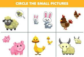 Educação jogos para crianças círculo a pequeno cenário do fofa desenho animado ovelha Coelho frango porco Pato bode imprimível animal planilha vetor