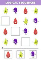 Educação jogos para crianças lógico sequências para crianças com fofa desenho animado sangue bexiga baço imprimível anatomia planilha vetor