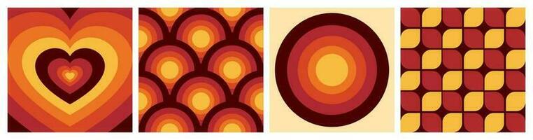 geométrico fundo Anos 70 papel de parede conjunto vetor vintage ou retro vermelho, amarelo e Castanho.