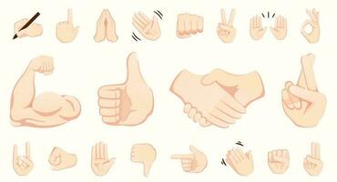 mão gesto emojis ícones coleção. aperto de mão, bíceps, aplausos, dedão, paz, Rocha sobre, OK, pasta mãos gesticulando. conjunto do diferente emoticon mãos isolado vetor ilustração.