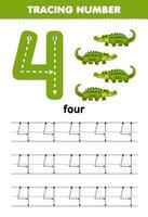 Educação jogos para crianças rastreamento número quatro com fofa desenho animado crocodilo cenário imprimível animal planilha vetor