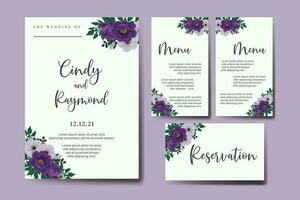 conjunto de moldura de convite de casamento, aquarela floral digital desenhado à mão modelo de cartão de convite de design de flor de peônia roxa vetor
