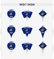 Wisconsin bandeira, conjunto do localização PIN ícones do Wisconsin bandeira. vetor