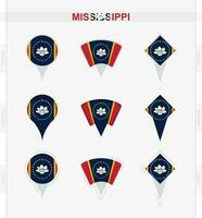 Mississippi bandeira, conjunto do localização PIN ícones do Mississippi bandeira. vetor