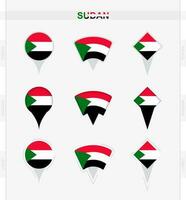 Sudão bandeira, conjunto do localização PIN ícones do Sudão bandeira. vetor