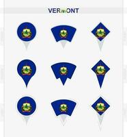 Vermont bandeira, conjunto do localização PIN ícones do Vermont bandeira. vetor