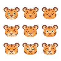 rostos de tigres fofos. conjunto de tigres listrados. ilustração vetorial vetor