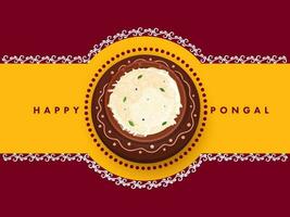 feliz pongal celebração conceito com topo Visão do tradicional prato dentro argila Panela em amarelo e clarete fundo. vetor