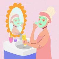 mulher dentro a banheiro aplicando uma face mascarar. mulher carrinhos com cosméticos perto espelho. cuidados com a pele rotina. vetor